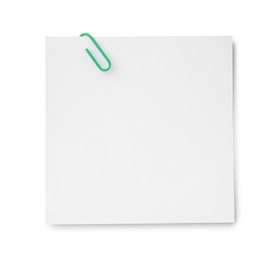 Photo of Blank paper note attached with clip isolated on white, top view