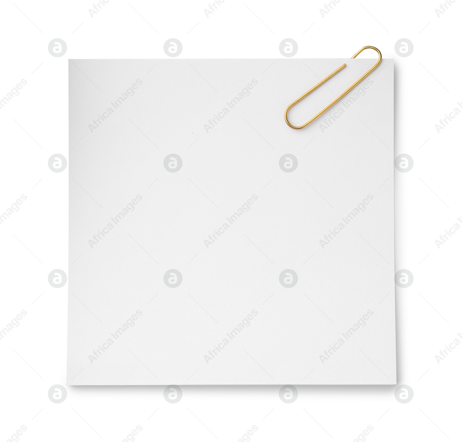 Photo of Blank paper note attached with metal clip isolated on white, top view