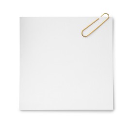 Photo of Blank paper note attached with metal clip isolated on white, top view