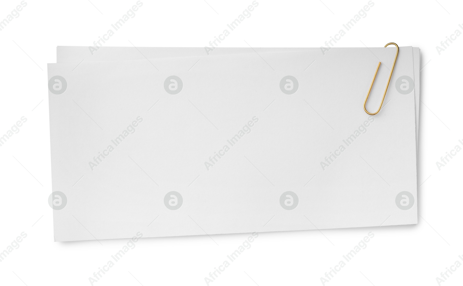 Photo of Blank paper sheet attached with clip isolated on white, top view