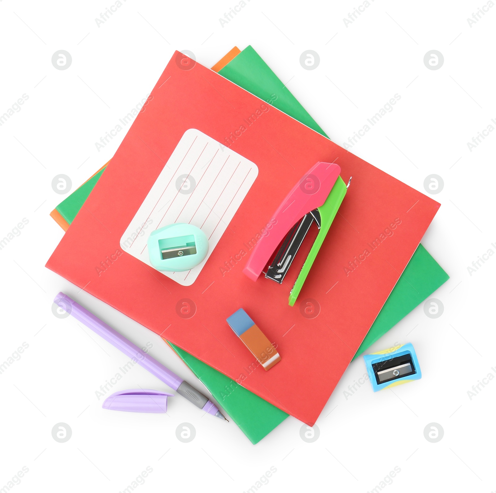 Photo of Doing homework. Copybooks and other different stationery on white background, top view