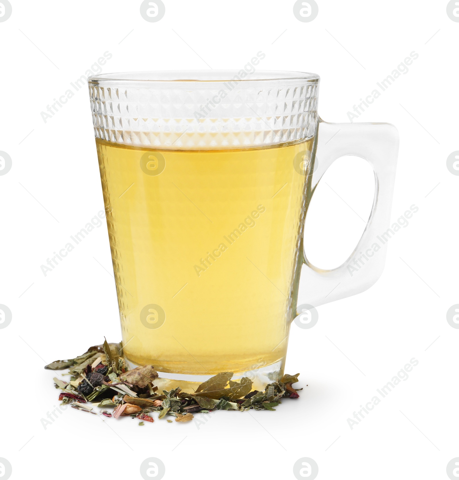 Photo of Delicious herbal tea and dry leaves isolated on white