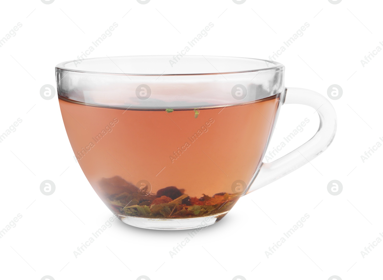 Photo of Delicious herbal tea in cup isolated on white