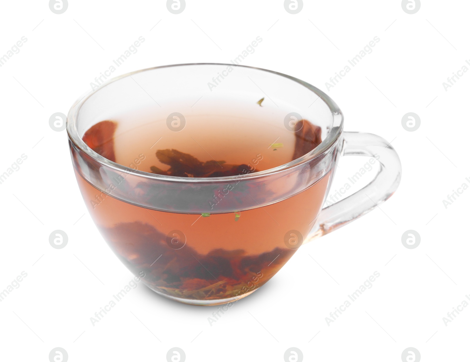 Photo of Delicious herbal tea in cup isolated on white