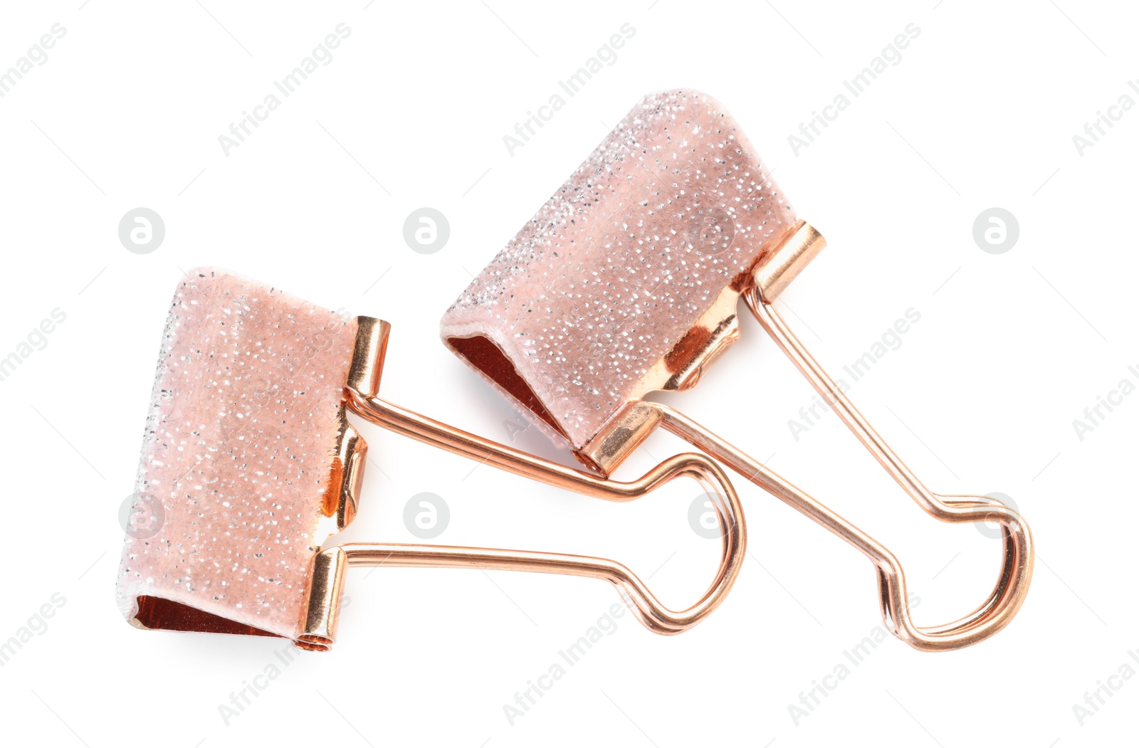 Photo of Two colorful binder clips isolated on white, top view