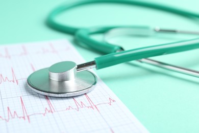 Photo of Cardiology. Stethoscope and cardiogram on turquoise background, closeup