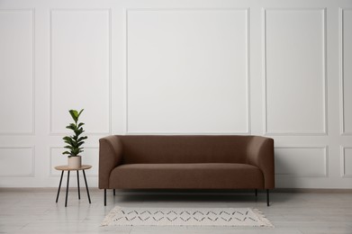 Image of Sofa in mocha mousse shade and house plant indoors. Interior with trendy color of 2025 year