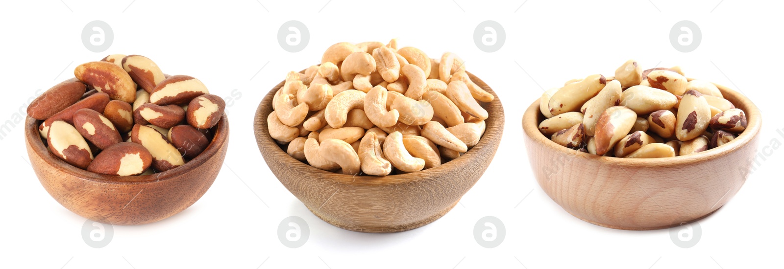 Image of Brazil and cashew nuts in bowls isolated on white, set