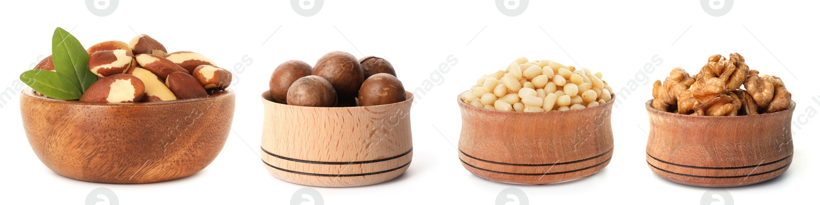 Image of Brazil and other nuts in bowls isolated on white, set