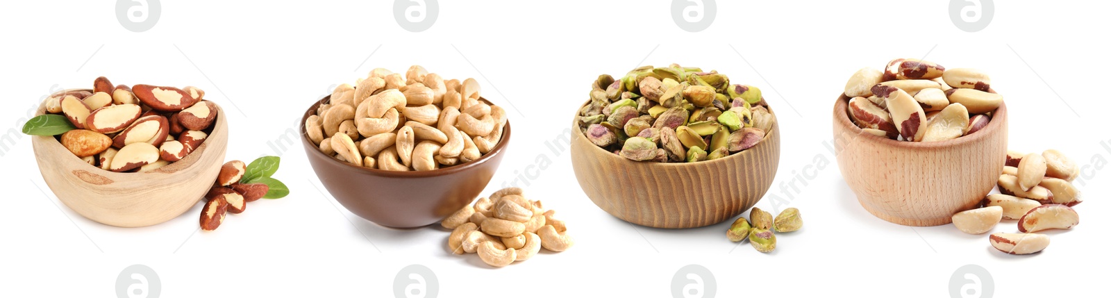 Image of Brazil and other nuts in bowls isolated on white, set