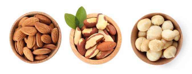 Image of Brazil and other nuts in bowls isolated on white, set. Top view