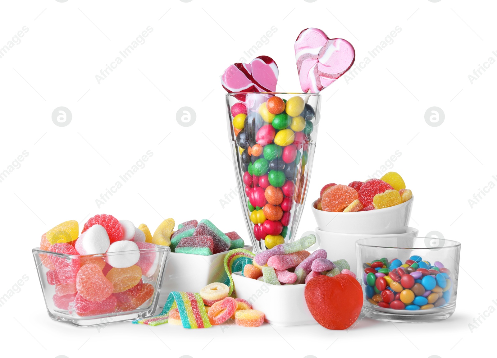 Photo of Candy bar. Many different tasty sweets on white background