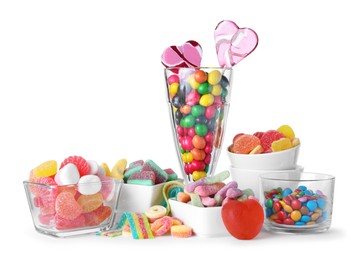 Photo of Candy bar. Many different tasty sweets on white background