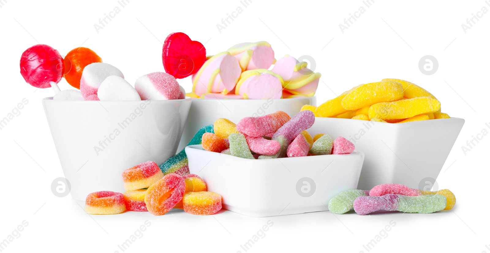 Photo of Candy bar. Many different tasty sweets on white background