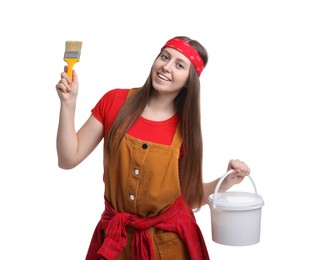 Photo of Woman with brush and bucket of paint on white background