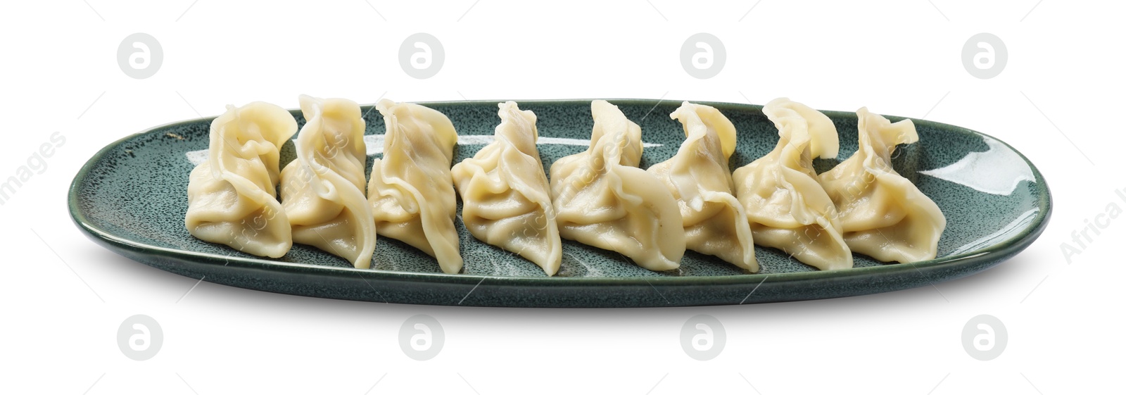 Photo of Fresh gyoza dumplings isolated on white. Chinese cuisine