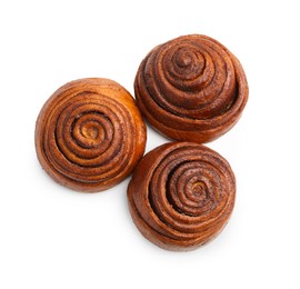 Photo of Delicious cinnamon roll buns isolated on white, top view