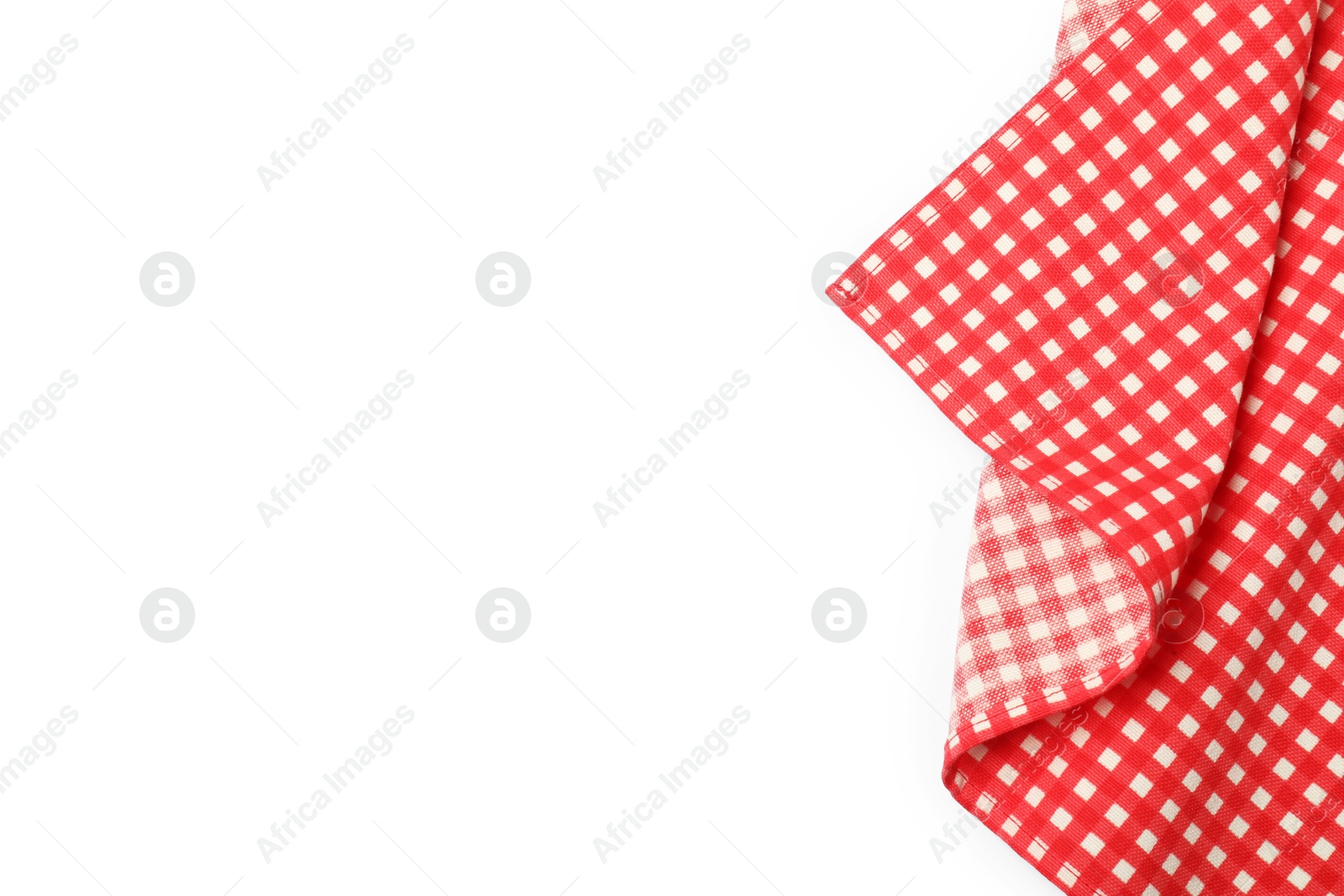 Photo of Red checkered tablecloth isolated on white, top view