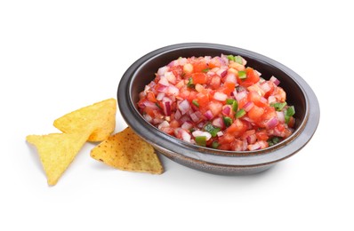 Delicious salsa in bowl and nacho chips isolated on white