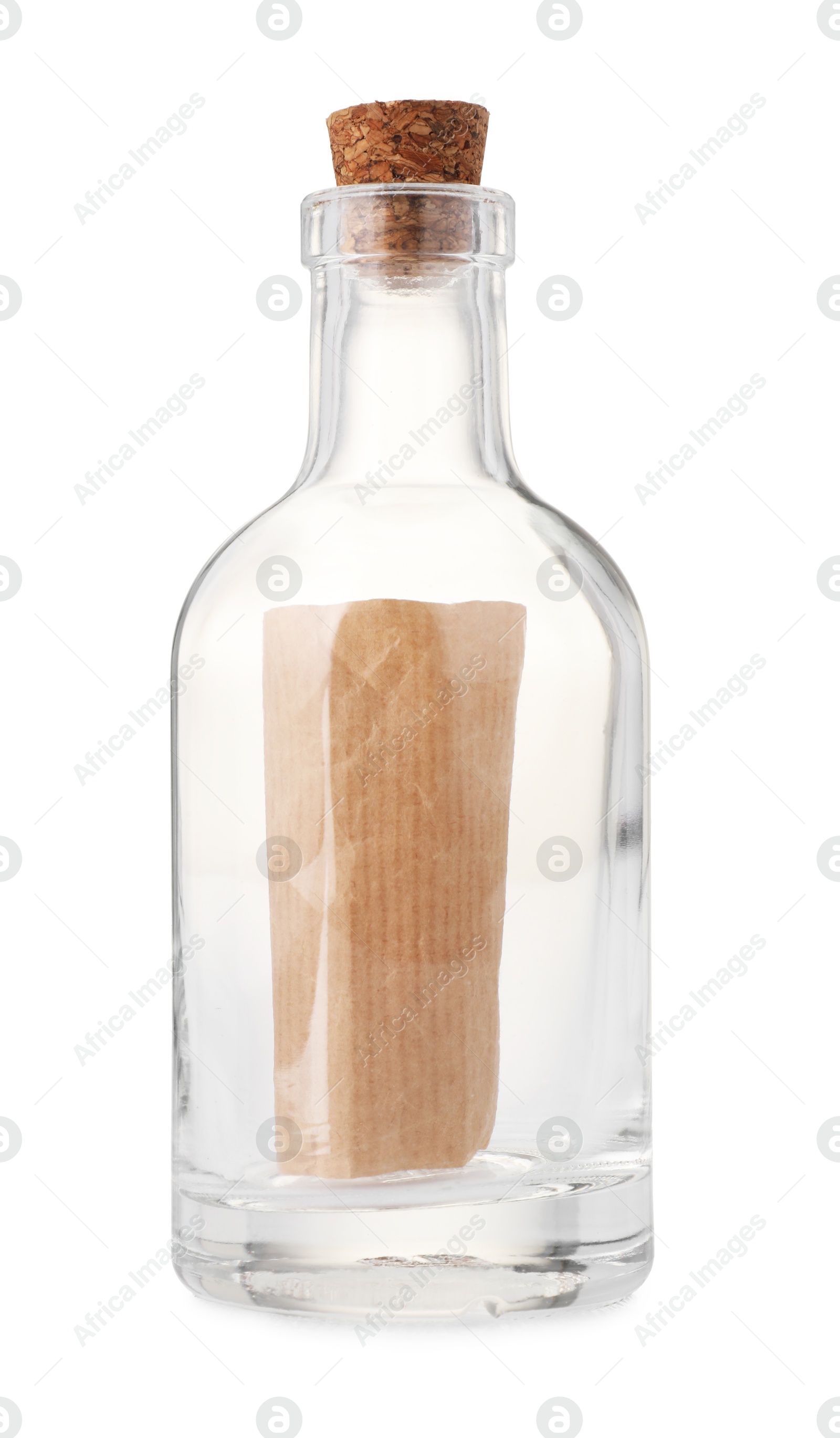 Photo of Corked glass bottle with rolled letter isolated on white