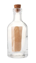 Photo of Corked glass bottle with rolled letter isolated on white