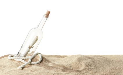 Photo of Rolled letter in corked glass bottle and rope on sand against white background