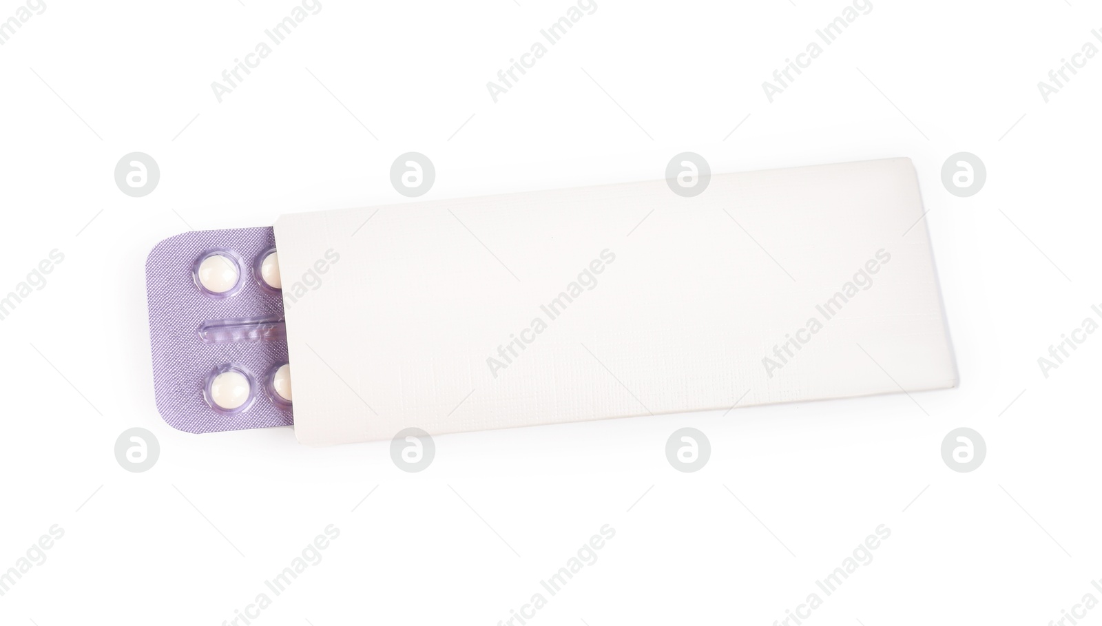 Photo of Blister of contraceptive pills in package isolated on white, top view. Mockup for design