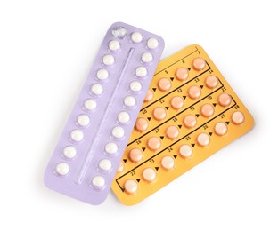 Photo of Blisters of contraceptive pills isolated on white, top view