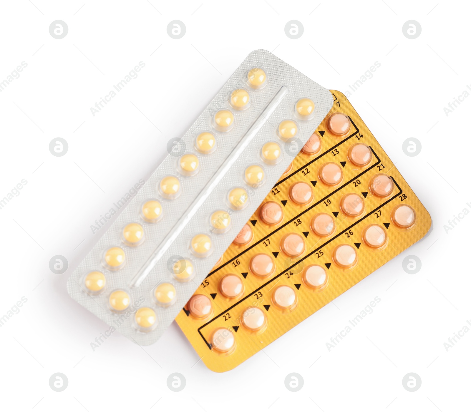 Photo of Blisters of contraceptive pills isolated on white, top view