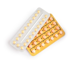 Photo of Blisters of contraceptive pills isolated on white, top view