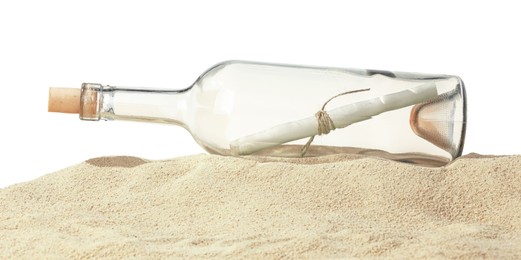 Photo of Rolled letter in corked glass bottle on sand against white background