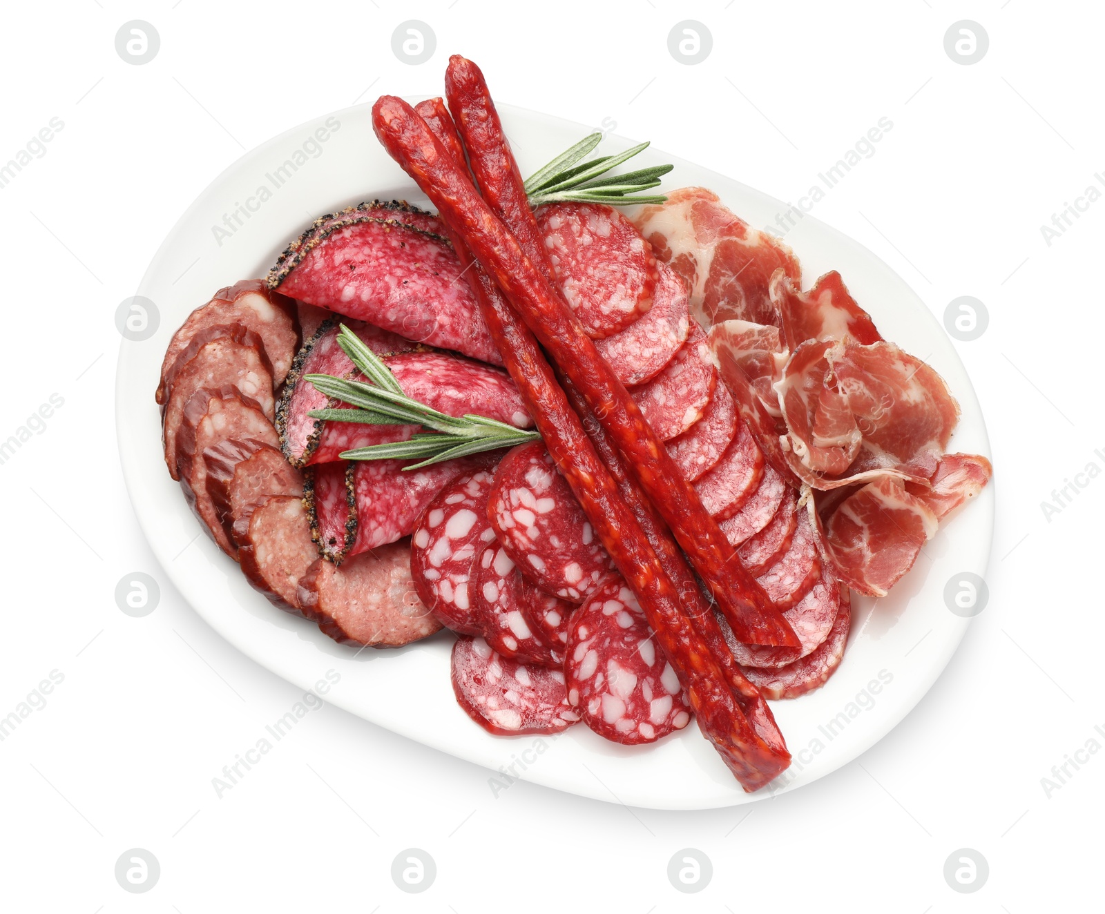 Photo of Different smoked sausages slices isolated on white, top view