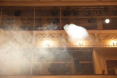 Photo of Professional spotlights and smoke in theatre, low angle view