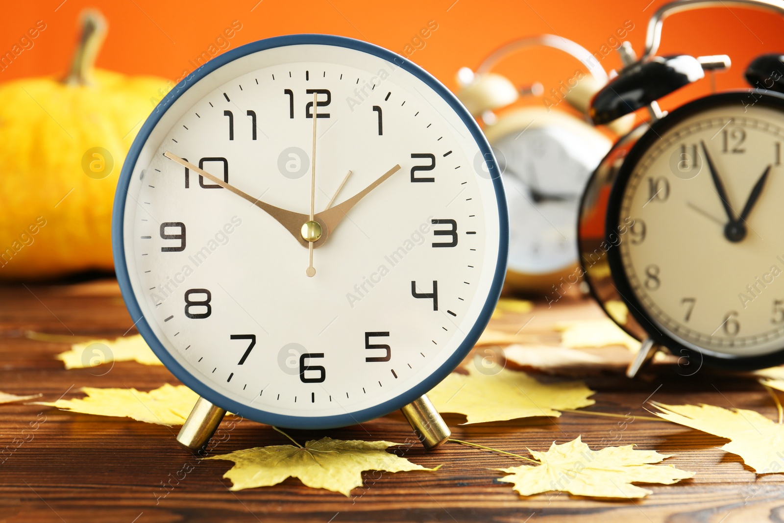 Photo of Autumn time. Alarm clocks and golden leaves on wooden table, selective focus