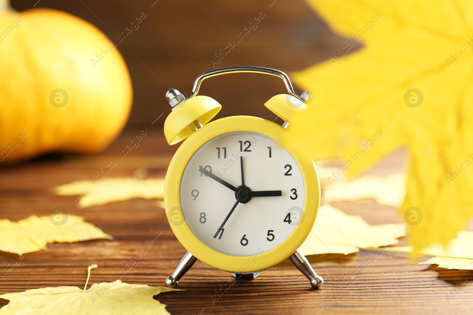 Photo of Autumn time. Alarm clock and golden leaves on wooden table