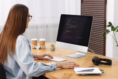 Photo of Programmer working on computer at wooden desk indoors