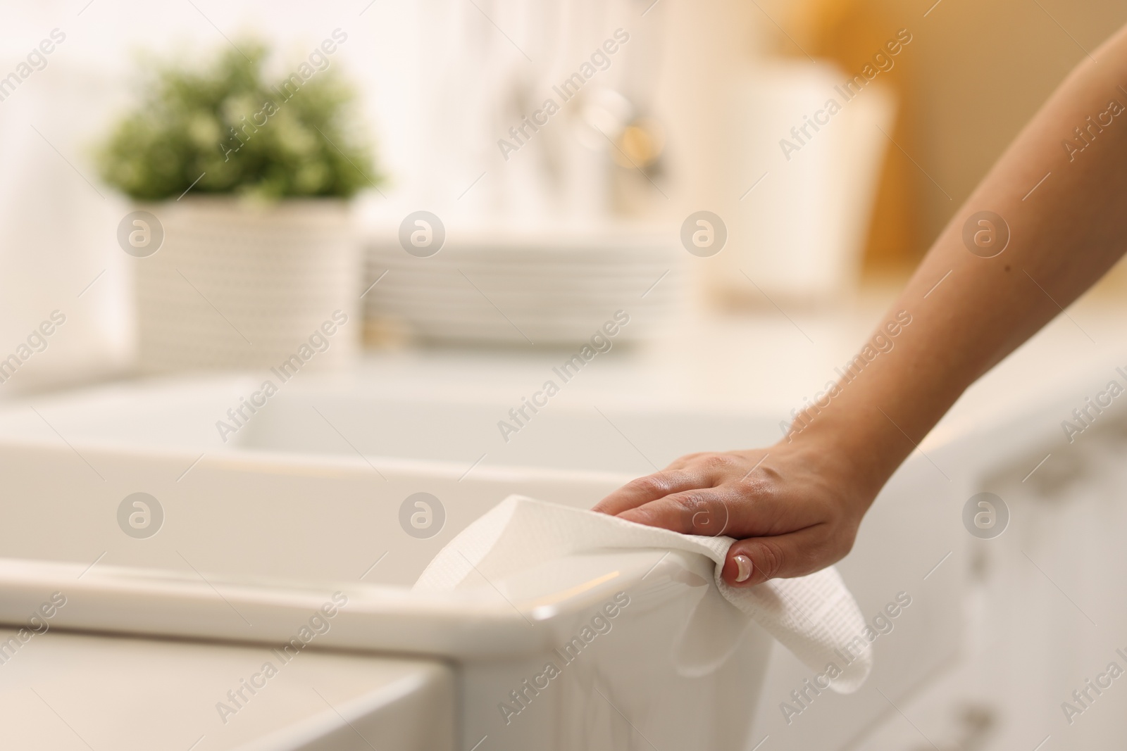 Photo of Woman cleaning sink with paper towel in kitchen, closeup