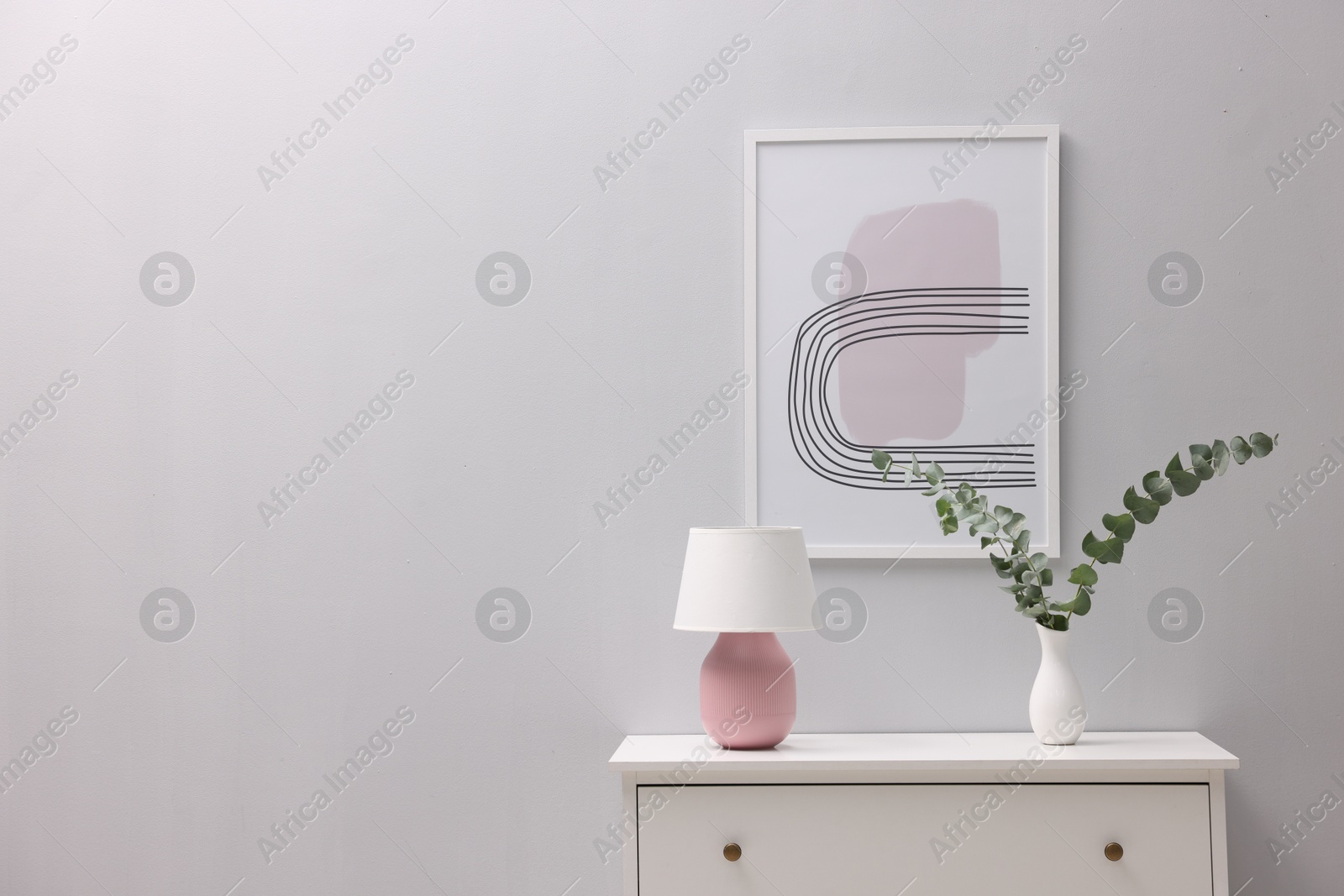 Photo of Console table with decor near white wall, space for text