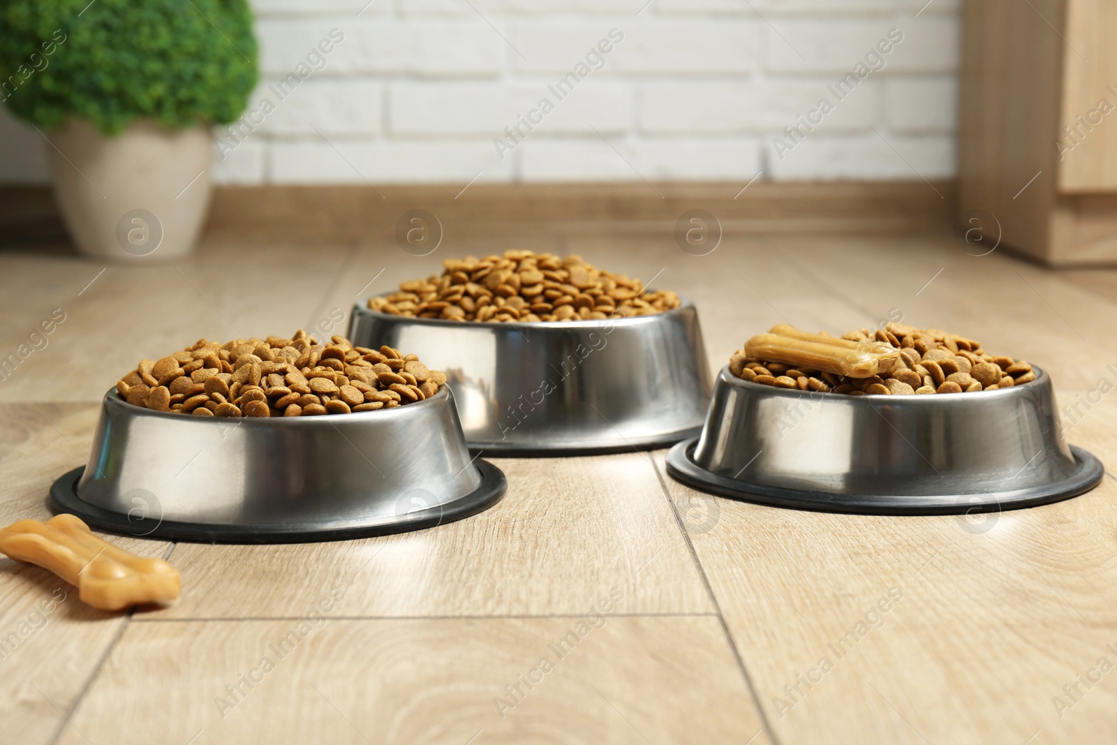 Photo of Dry pet food in feeding bowls and chew bones on floor indoors