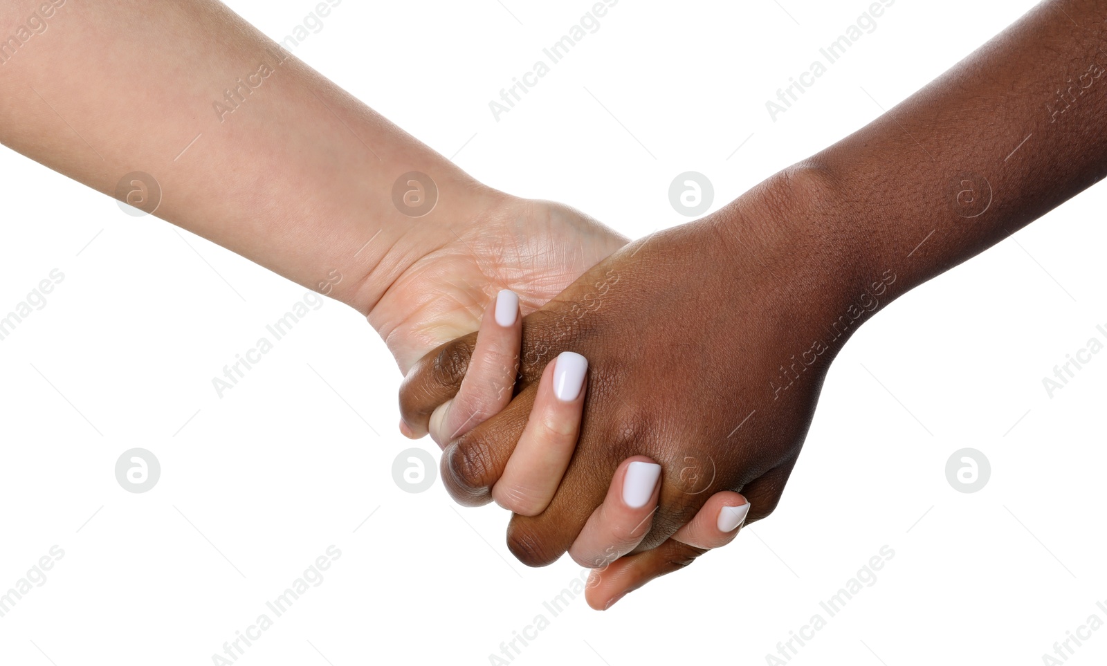 Photo of Stop racism. People of different skin colors holding hands on white background, closeup