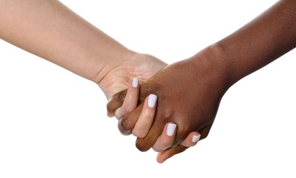 Photo of Stop racism. People of different skin colors holding hands on white background, closeup