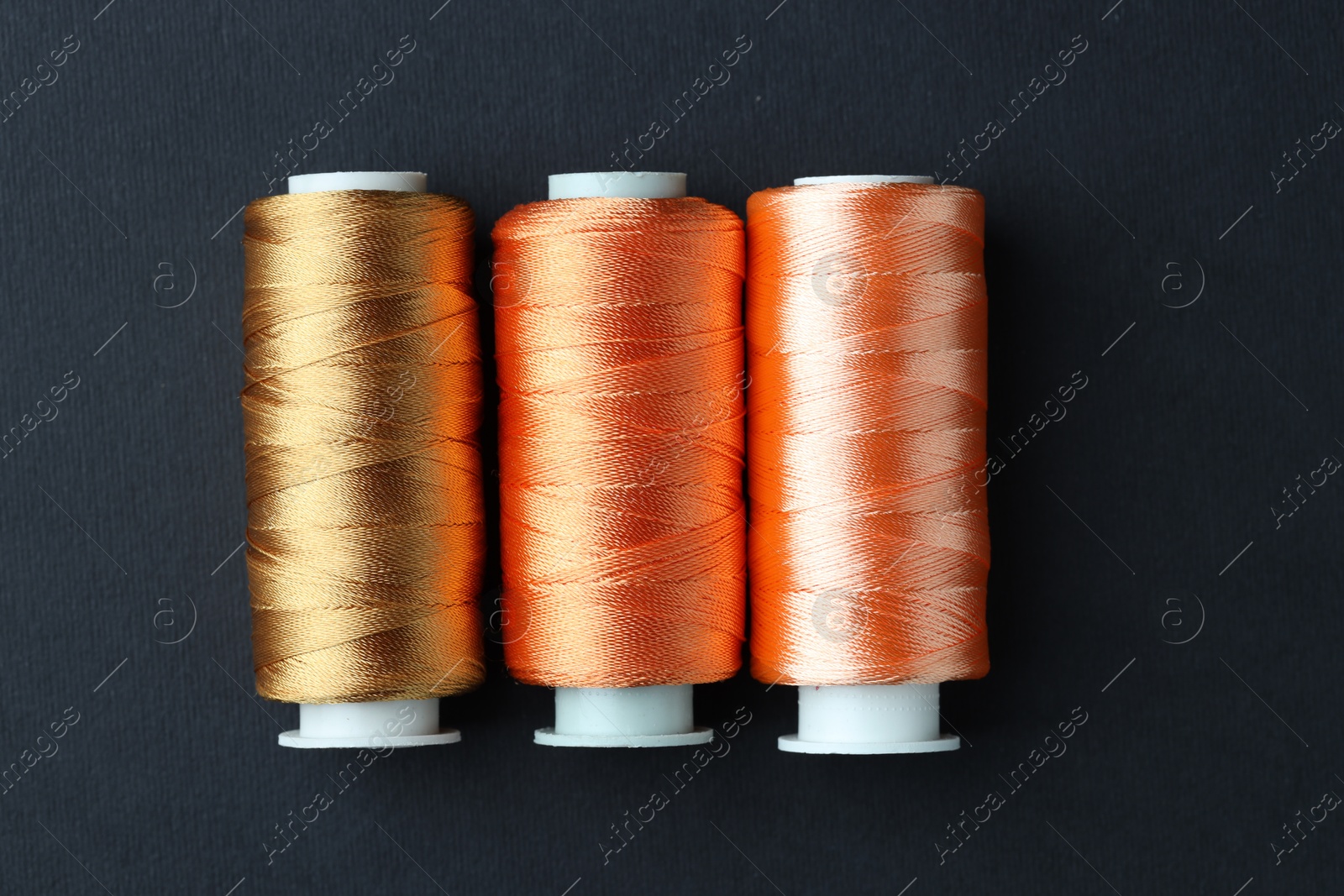 Photo of Spools of colorful sewing threads on black background, flat lay