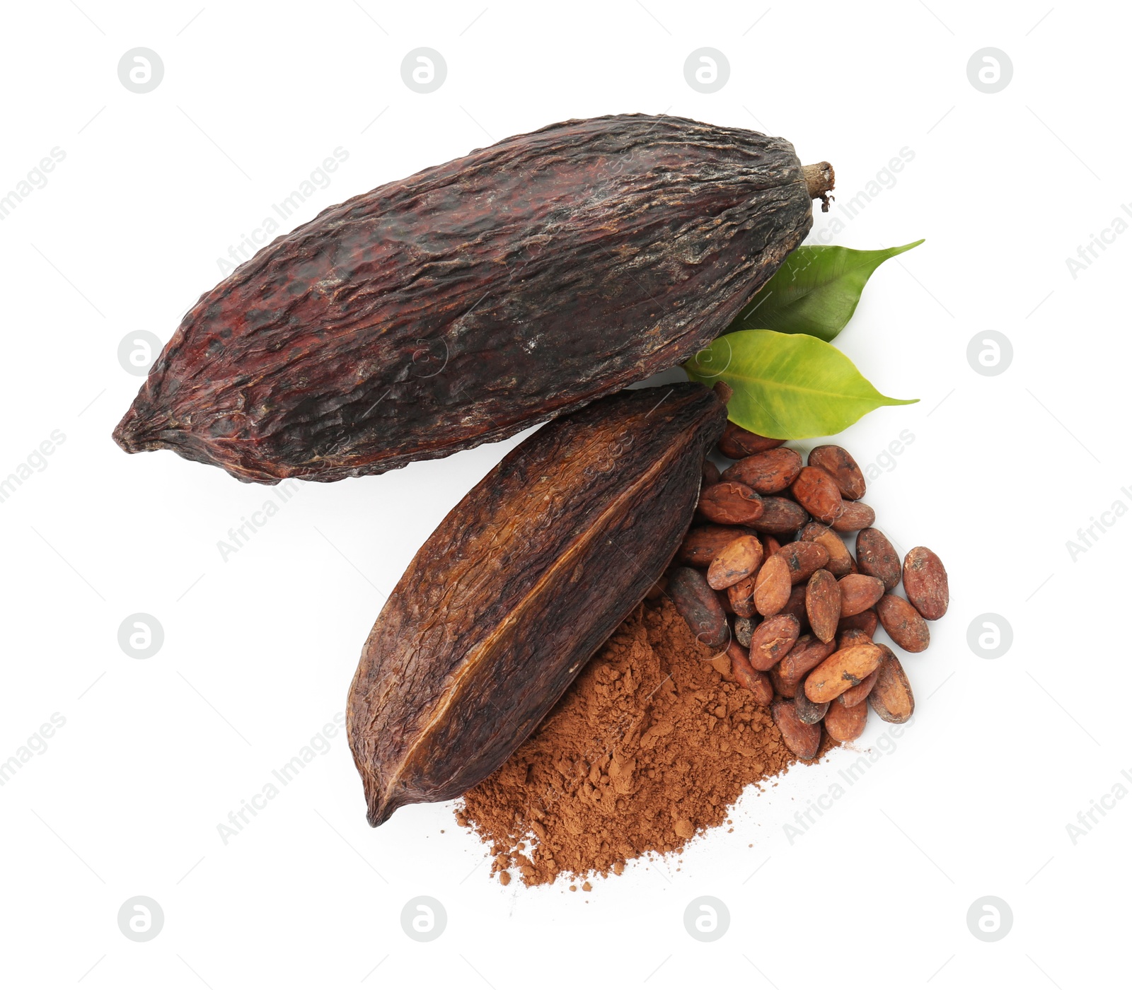 Photo of Cocoa pods, beans, powder and leaves isolated on white, top view