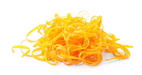 Photo of Pile of fresh orange zest isolated on white