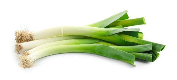 Photo of Fresh raw green leeks isolated on white