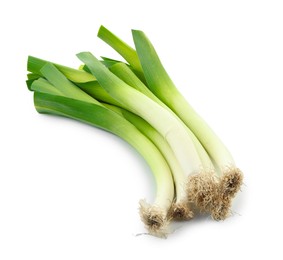 Photo of Fresh raw green leeks isolated on white