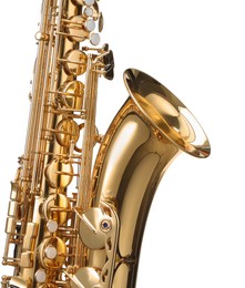 Photo of Jazz. One beautiful saxophone isolated on white