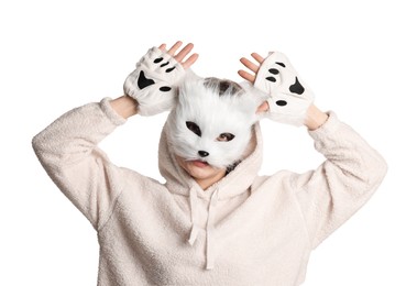 Photo of Quadrobics. Woman wearing cat mask and gloves on white background