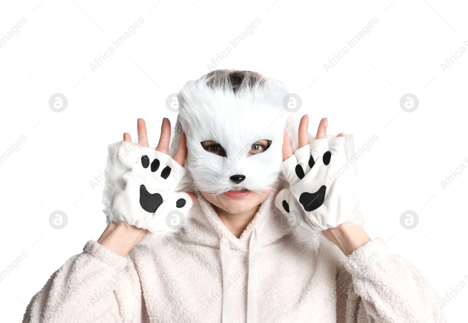 Photo of Quadrobics. Woman wearing cat mask and gloves on white background