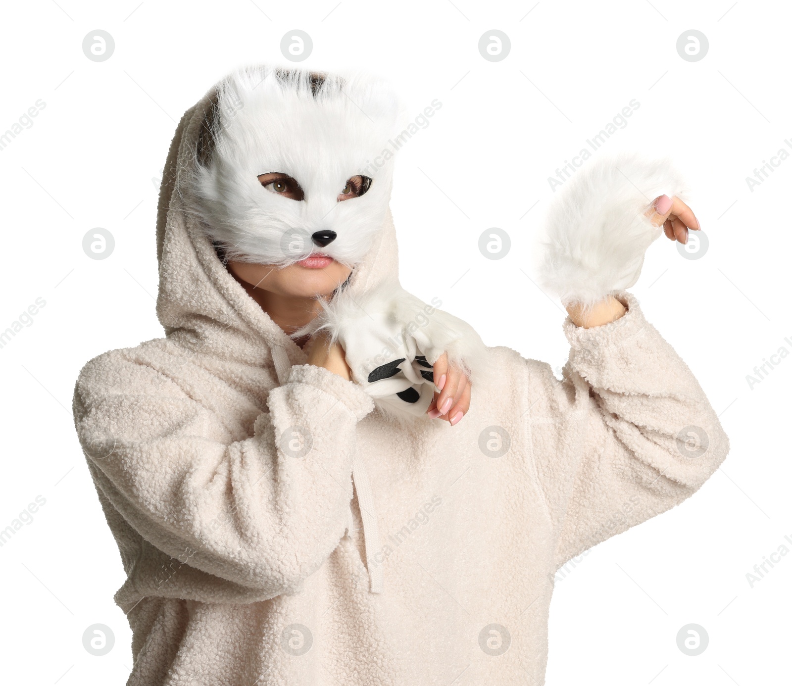 Photo of Quadrobics. Woman wearing cat mask and gloves on white background